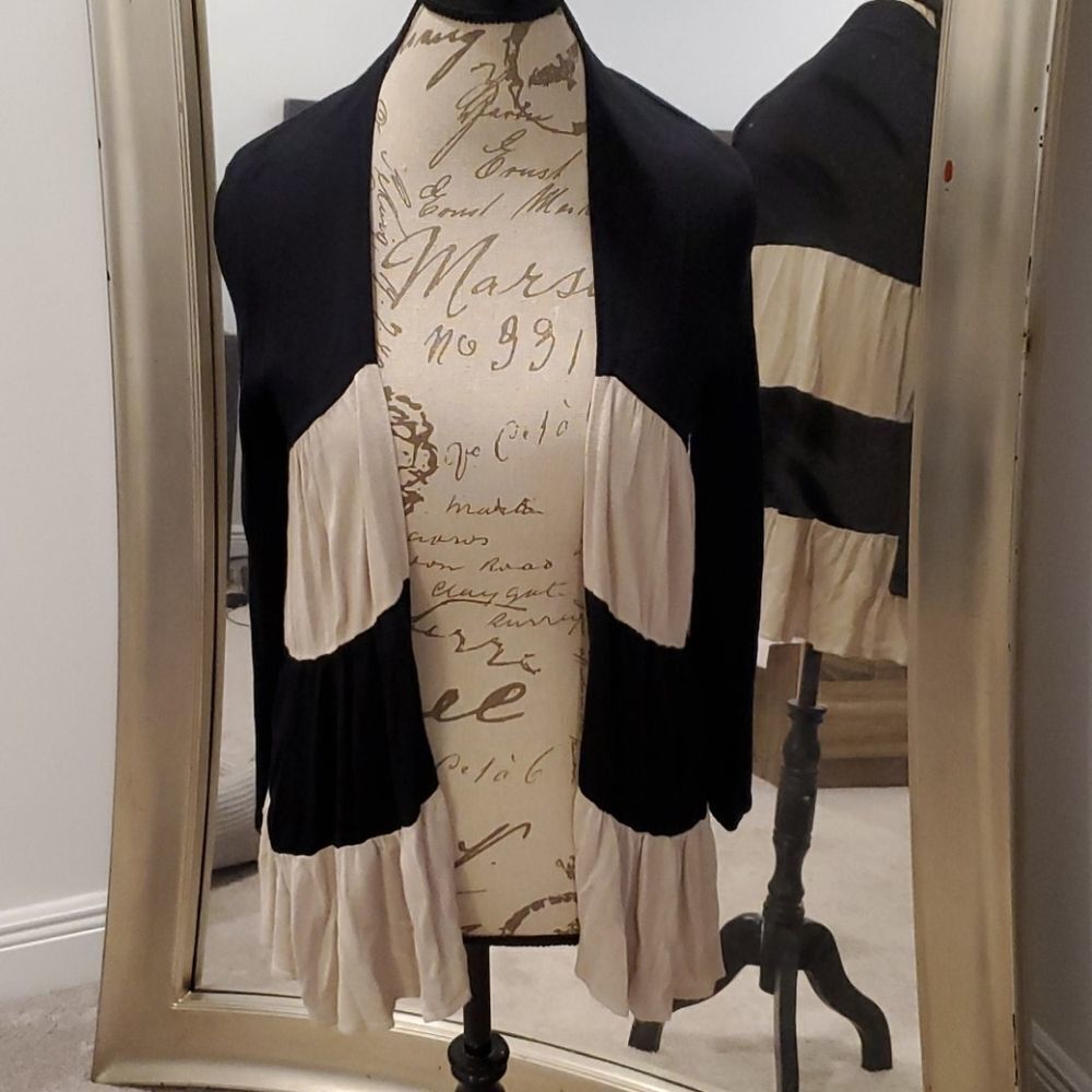 Black & tan striped ruffled INC cardigan size S